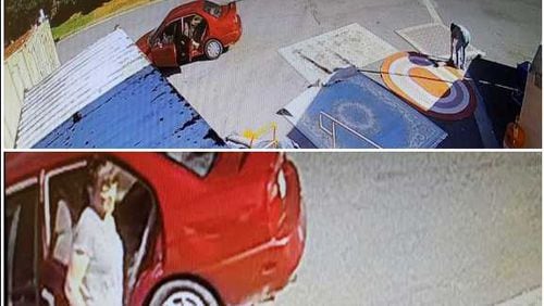 These are surveillance photos from September that Acworth police say show a woman stealing a rug from Georgia Rug Gallery on Cobb Parkway.