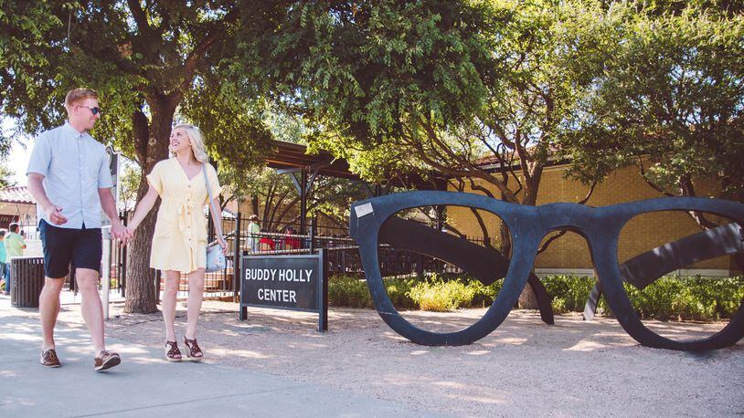 A sculpture of his signature glasses marks the entrance to the Buddy Holly Center in Lubbock, Texas. (Visit Lubbock/TNS)