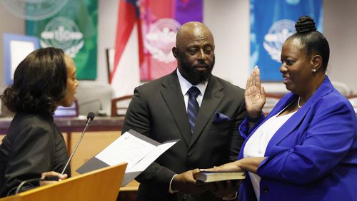 Judge Cassandra Kirk presides over the swearing-in ceremony for the newly elected Atlanta Public School interim Superintendent Danielle Battle, at the APS headquarters on Monday, August 28, 2023.
Miguel Martinez /miguel.martinezjimenez@ajc.com