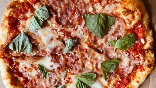 The 1836 pizza from Bold Monk Brewing Co. features soppressata, tomato, mozzarella and torn basil. Bob Townsend for The Atlanta Journal-Constitution