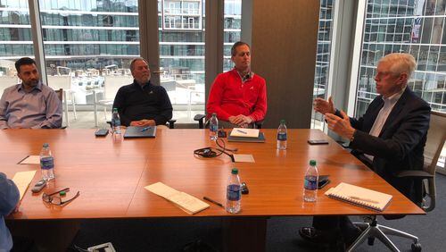 Braves executives (left to right) Alex Anthopoulos, Mike Plant, Derek Schiller and Terry McGuirk discuss the state of the team with AJC reporters Tuesday.