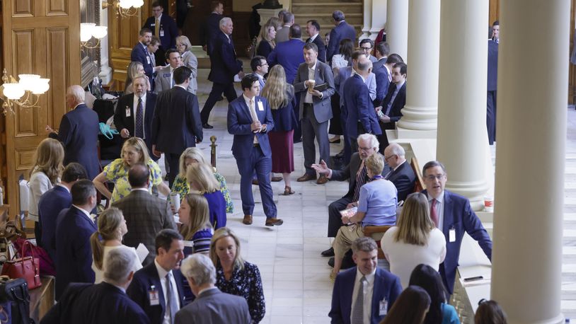 Lobbyists fill the halls on Sine Die, the last day of the General Assembly at the Georgia State Capitol in Atlanta on Monday, April 4, 2022.   (Bob Andres / robert.andres@ajc.com)