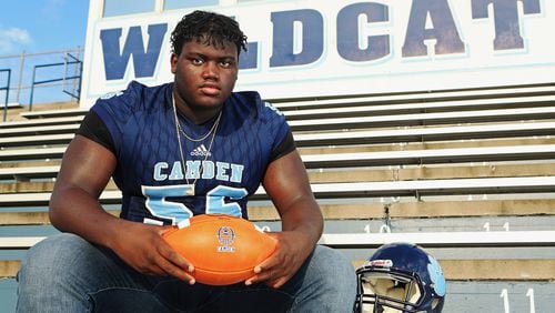Micah Morris, a senior offensive lineman at Camden County High School, poses for a photo on Saturday, August 8, 2020, at Camden County High School in Kingsland, Georgia. Morris, a University of Georgia commit, is one of the top 11 high school senior football recruits in the state of Georgia for 2020.  CHRISTINA MATACOTTA FOR THE ATLANTA JOURNAL-CONSTITUTION.
