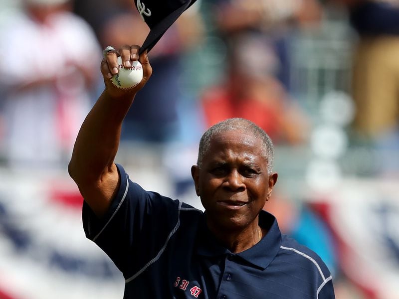 Former Atlanta Braves outfielder Ralph Garr acknowledges the crowd before he throws out the first pitch before Game 3 of the NLDS against the Milwaukee Brewers Monday, Oct. 11, 2021, at Truist Park in Atlanta. (Curtis Compton / Curtis.Compton@ajc.com)