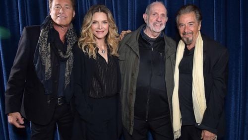 Steven Bauer, left, Michelle Pfeiffer, Brian De Palma and Al Pacino attended the "Scarface" 35th Anniversary cast reunion at the Tribeca Film Festival in New York,