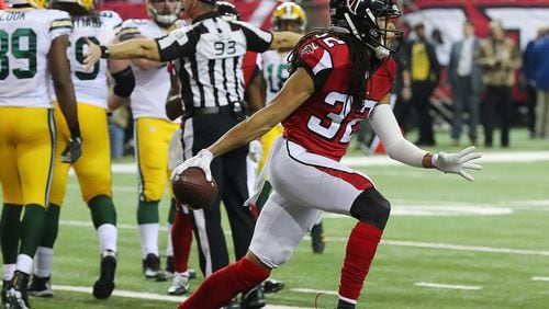 Falcons cornerback Jalen Collins reacts to recovering a fumble by Packers fullback Aaron Rodger during the second quarter in the NFC Championship game last Jan. 22 in the Georgia Dome. (Curtis Compton/ccompton@ajc.com)