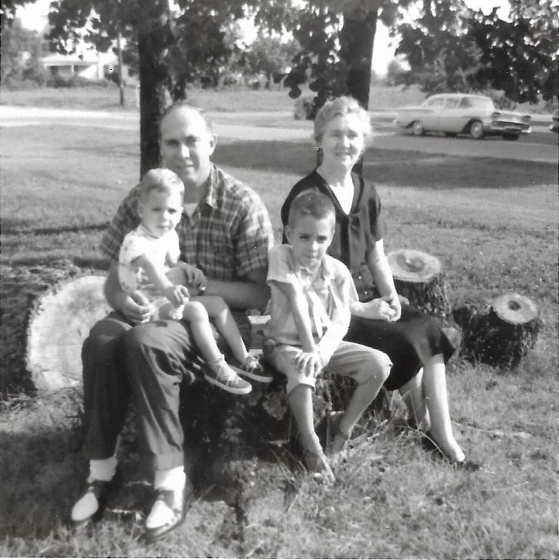 Writer Bill King, with his broken arm in a cast, is seen in this 1959 family shot with his grandmother, Lillian King; his father, William D. King; and his brother Jonathan King. (Courtesy of the King family)