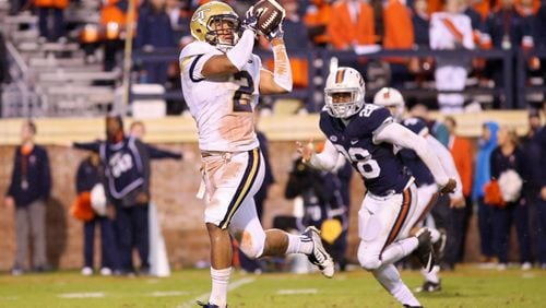 CHARLOTTESVILLE, VA - NOVEMBER 4: Ricky Jeune #2 of the Georgia Tech Yellow Jackets catches a pass for a touchdown in the fourth quarter during a game against the Virginia Cavaliers at Scott Stadium on November 4, 2017 in Charlottesville, Virginia. Virginia defeated Georgia Tech 40-36. (Photo by Ryan M. Kelly/Getty Images)
