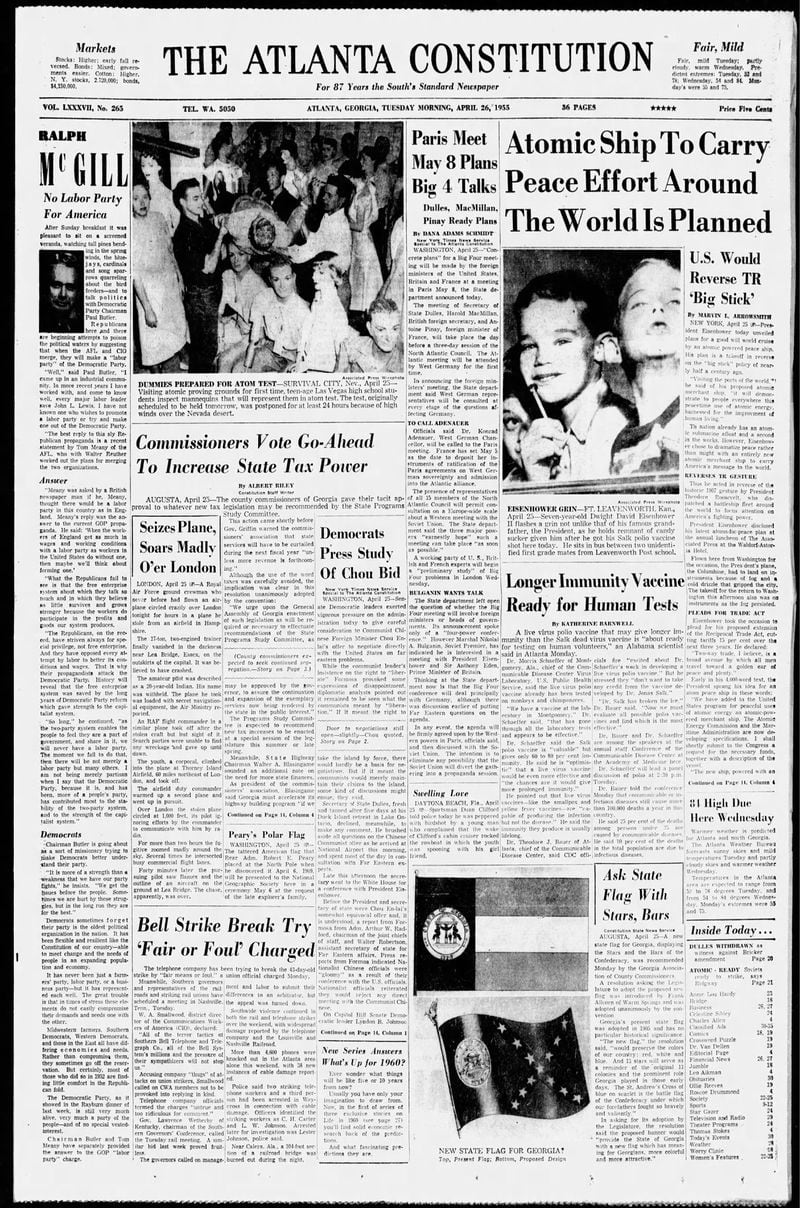 The Atlanta Constitution front page on April 26, 1955.