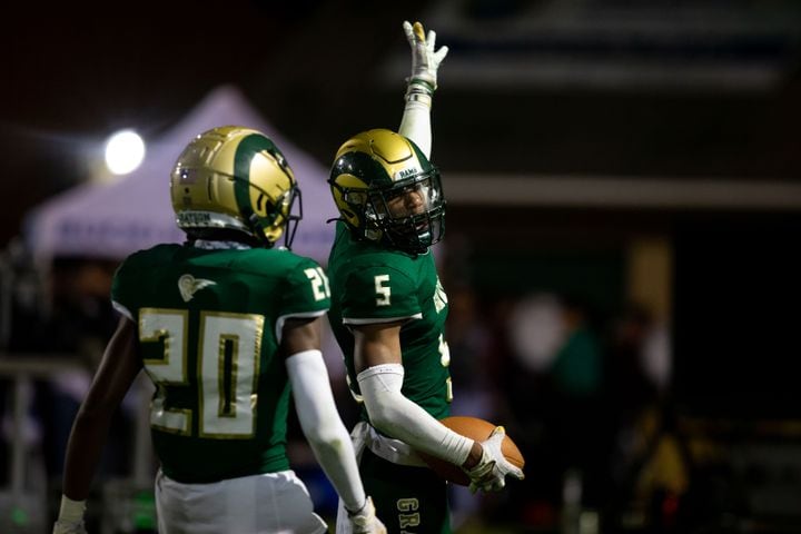 Grayson's Myles Woods (5) celebrates during a GHSA high school football game between the Grayson Rams and the Brookwood Broncos at Grayson High School in Loganville, Ga. on Friday, October 22, 2021. (Photo/Jenn Finch)