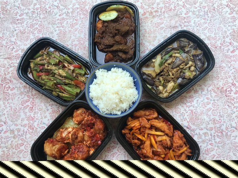 Chom Chom currently offers a selection of menu favorites from sister restaurant Mamak Malaysian. Pictured, clockwise from top: rendang beef, eggplant salted fish and chicken, mango chicken, chili shrimp and sambal okra. Most orders come with rice. LIGAYA FIGUERAS / LIGAYA.FIGUERAS@AJC.COM