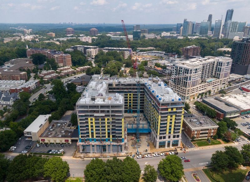 August 4, 2021 Atlanta - Aerial photo shows a construction of luxury apartment complex at 99 West Paces Ferry Road on Wednesday, August 4, 2021. The tower was granted more than $3 million in property tax breaks by the Development Authority of Fulton County. (Hyosub Shin / Hyosub.Shin@ajc.com)
