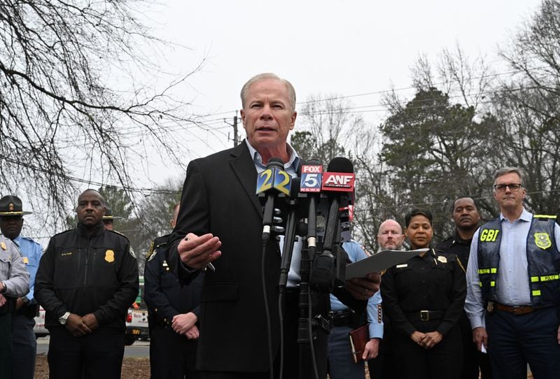 GBI director Michael Register speaks to members of the press during a press conference near Atlanta's planned public safety training center, Wednesday, Jan. 18, 2023, in Atlanta. Georgia state troopers helping conduct a “clearing operation” at the site of Atlanta’s planned public safety training center exchanged gunfire with a protester Wednesday morning, leaving the protester dead and one trooper wounded, according to the Georgia Bureau of Investigation. (Hyosub Shin / Hyosub.Shin@ajc.com)