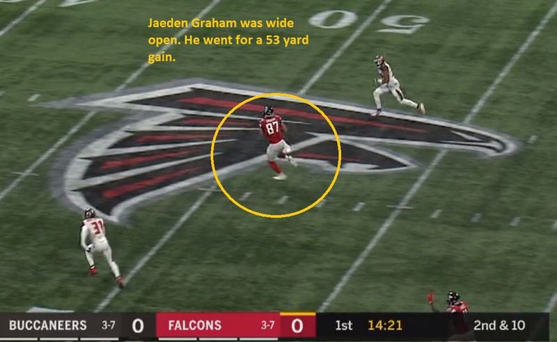 Falcons tight end Jaeden Graham was open after three Bucs went with Julio Jones. (GamePass.NFL.Com screenshot from Fox Sports)
