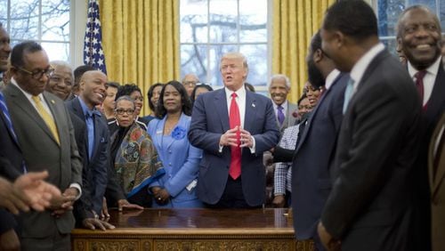 President Donald Trump with leaders of Historically Black Colleges and Universities on Feb. 27. AP Photo/Pablo Martinez Monsivais