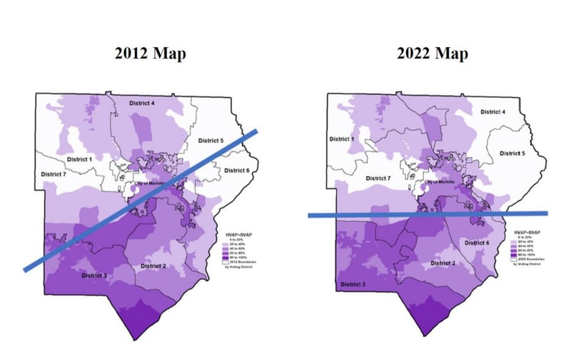 This image, taken from court documents in the redistricting lawsuit, shows that the Black and Latinx residents are concentrated in the southern portions of Cobb County. Voting rights groups allege that the new map, on the right, confines those residents into three voting districts.