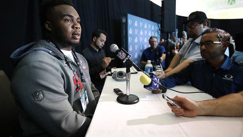 January 31, 2017, Houston: Falcons defensive tackle Grady Jarrett answers questions during his Super Bowl press conference on Tuesday, Jan. 31, 2017, at Memorial City Mall ice arena in Houston. Curtis Compton/ccompton@ajc.com