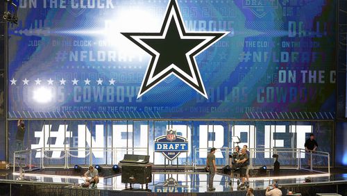 The 2018 NFL Draft Theater is being built on the field of AT&T Stadium Tuesday, April 24, 2018, in Arlington, Texas.