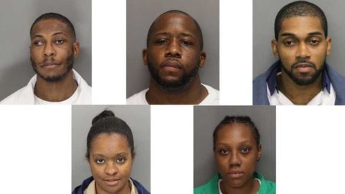 Mugshots of (left to right on the top row) Joseph Brown, Desmond Post, Jarvis Butts and (left to right on the bottom row) Darchelle Arnold and Rolaunda Fripp