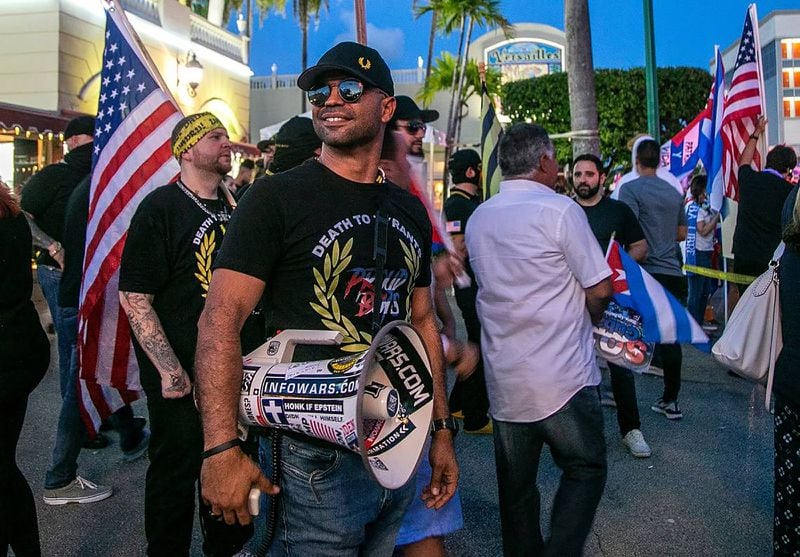 Proud Boy Enrique Tarrio in front of the Versailles Restaurant in Miami, before his arrest in connection with the storming of the Capitol. The Miamian, once a leader of the group, is no longer in charge. (Pedro Portal/Miami Herald/TNS)