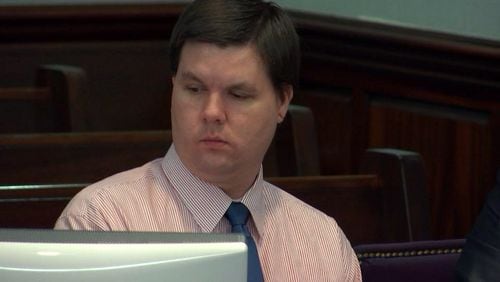 Justin Ross Harris listens to testimony during his murder trial at the Glynn County Courthouse in Brunswick, Ga., on Monday, Oct. 17, 2016. Judge Mary Staley Clark ordered a media blackout on the testimony of a minor sexting victim. (screen capture via WSB-TV)