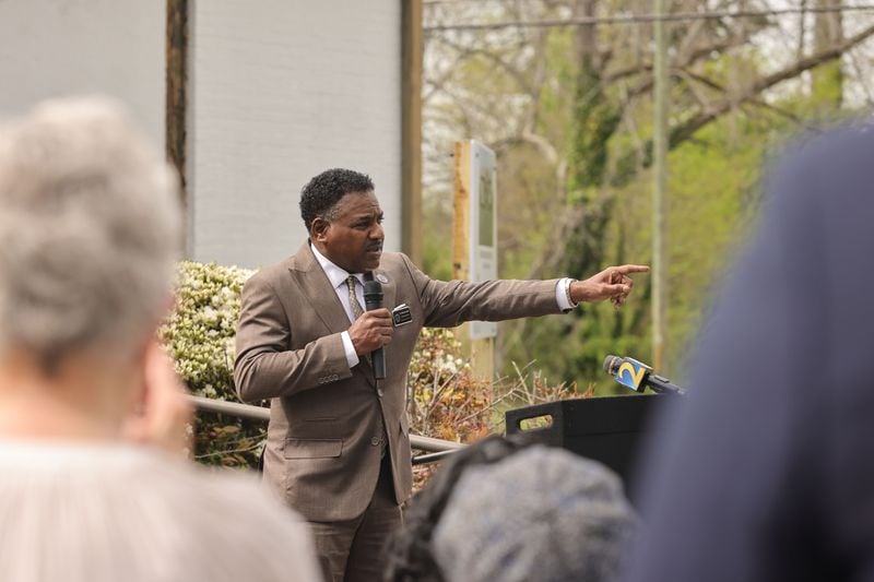 Anthony Smith, superintendent of Clayton County Public Schools, speaks during the groundbreaking ceremony for the renovation of the Rosenwald School, formerly known as Jonesboro Colored School, on Wednesday, March 27, 2024. (Natrice Miller/ Natrice.miller@ajc.com)