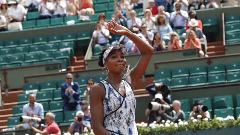 Venus Williams of the U.S. celebrates winning 6-3, 6-1, against Japan's Kurumi Nara.