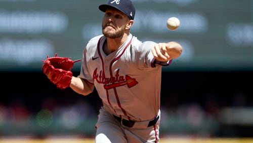 Atlanta Braves pitcher Chris Sale throws to a Seattle Mariners' batter during the second inning of a baseball game, Wednesday, May 1, 2024, in Seattle. The Braves won 5-2. (AP Photo/John Froschauer)