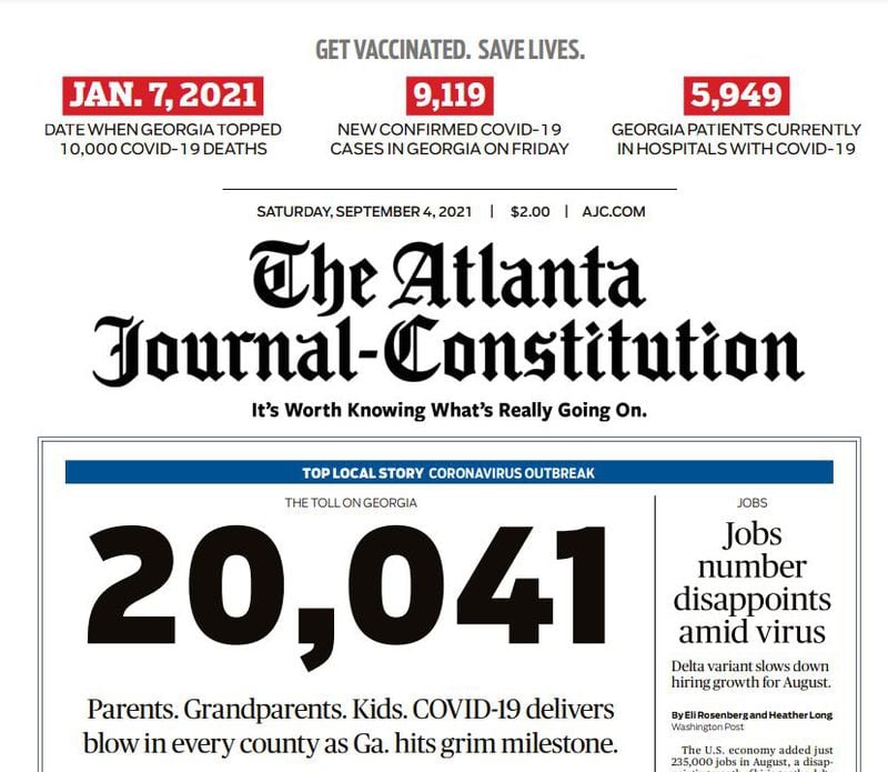 Georgia deaths from COVID topped 20,000 on Friday. Here is an image from A1 of the Saturday Atlanta Journal-Constitution. (AJC ePaper)