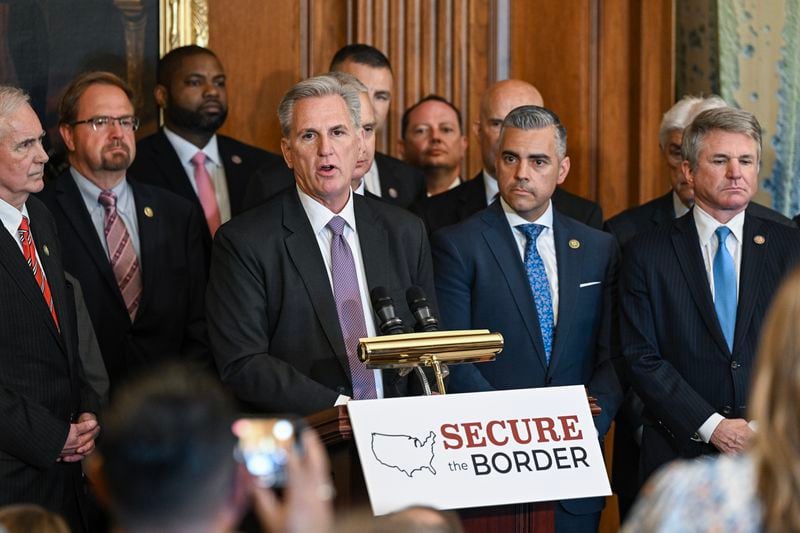 House Speaker Kevin McCarthy, R-Calif., speaks at a news conference after Republicans pushed through a sweeping immigration bill at the Capitol in Washington, May 11, 2023. (Kenny Holston/The New York Times)
                    
                      