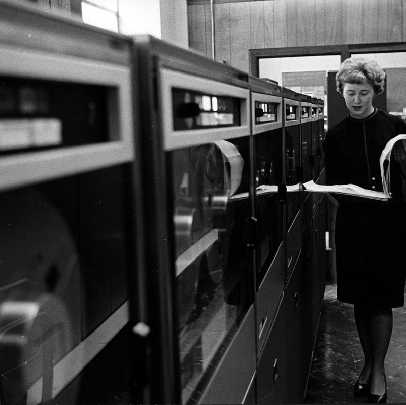 Instructor Betty Cilsick checks exam results in the Georgia State College computer room on Oct. 27, 1965.