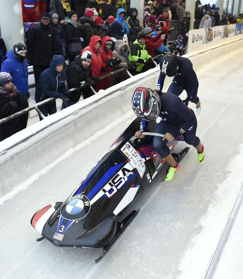 Elana Meyers Taylor and teammate Lauren Gibbs win silver in Winterberg, Germany’s women’s bobsled World Cup on Dec. 9, 2017. CONTRIBUTED BY DIETMAR REKER
