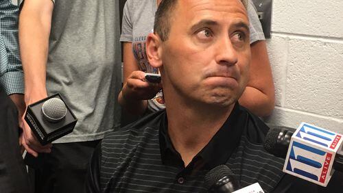 Falcons offensive coordiantor Steve Sarkisian here chatting with the local media on Wednesday in Flowery Branch. (By D. Orlando Ledbetter/dledbetter@ajc.com)
