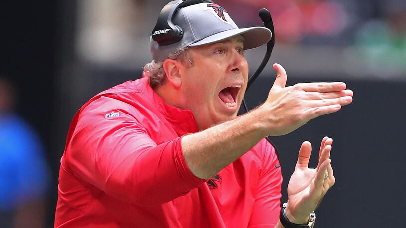 Falcons head coach Arthur Smith calls a time out against the Philadelphia Eagles during the first half Sunday, Sept. 12, 2021, at Mercedes-Benz Stadium in Atlanta. (Curtis Compton / Curtis.Compton@ajc.com)