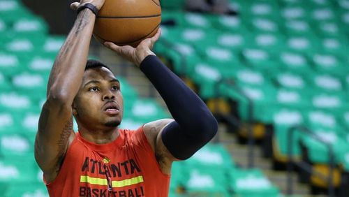Hawks guard Kent Bazemore practices his shot while preparing to play the Celtics in Game 4 of an NBA basketball first-round playoff series on Sunday, April 24, 2016, in Boston. Curtis Compton / ccompton@ajc.com