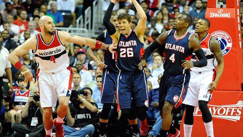Kyle Korver, shown here getting a rebound in the series-clinching win over Washington, has been struggling offensively. (Brad Mills, USA Today)