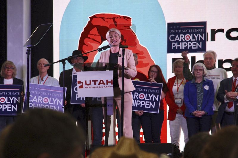 Carolyn Phippen, a candidate for the U.S. Senate seat Mitt Romney is vacating, addresses delegates at the Utah Republican Party Convention, Saturday, April 27, 2024, at the Salt Palace Convention Center in Salt Lake City. (AP Photo/Hannah Schoenbaum)