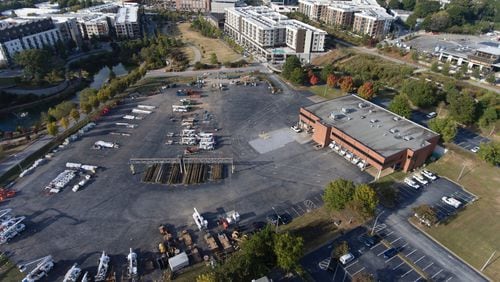 An aerial view of the former Georgia Power yard along the Beltline Eastside Trial in the Old Fourth Ward, where developer New City Properties plans a massive mixed-use project, including offices, retail, a hotel and apartments. Photo by Channel 2 Action News
