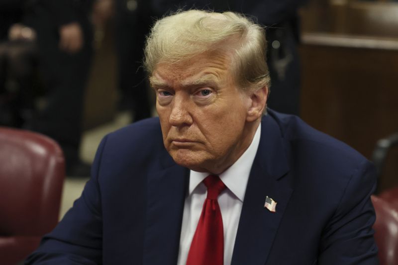 Republican presidential candidate and former President Donald Trump sits in Manhattan state court in New York, Monday, April 23, 2024. (Brendan McDermid/Pool Photo via AP)