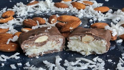 Almond Happiness Bar is a knockoff candy bar photographed in the studio on Thursday, March 15, 2018. (J.B. Forbes/St. Louis Post-Dispatch/TNS)