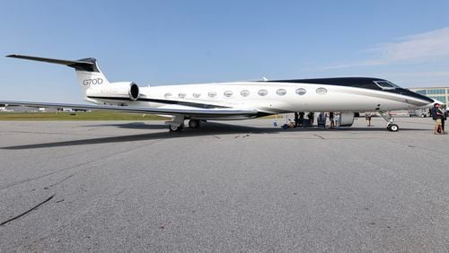 Views of the exterior of the Gulfstream G700 private jet on display at McCollum Field in Kennesaw on Wednesday, September 6, 2023. (Natrice Miller/ Natrice.miller@ajc.com)