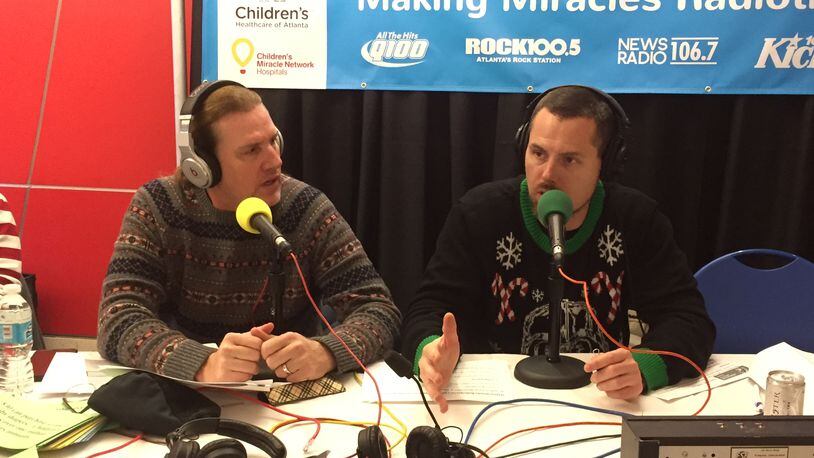 "Southside" Steve Rickman and Jason Bailey at the helm during the Children's Healthcare Radiothon. CREDIT: Rodney Ho/ rho@ajc.com