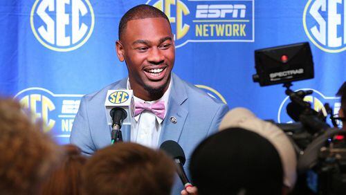 Georgia wide receiver Terry Godwin takes questions during his SEC Media Days news conference at the College Football Hall of Fame on Tuesday, July 17, 2018, in Atlanta.     Curtis Compton/ccompton@ajc.com