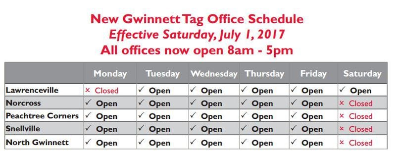 The Gwinnett County tag office is simplifying hours at its five locations. (Credit: Gwinnett County)