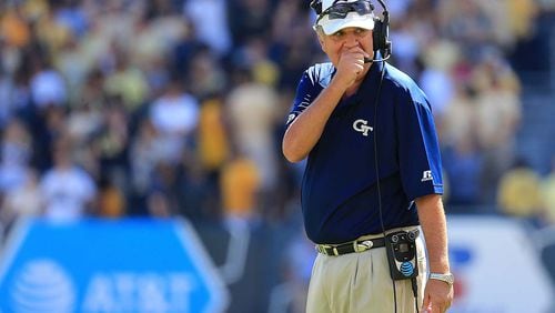 Paul Johnson speaks in his radio during the second half against the Miami Hurricanes at Bobby Dodd Stadium on Oct.1, 2016. Miami won 35-21. (Photo by Daniel Shirey/Getty Images)