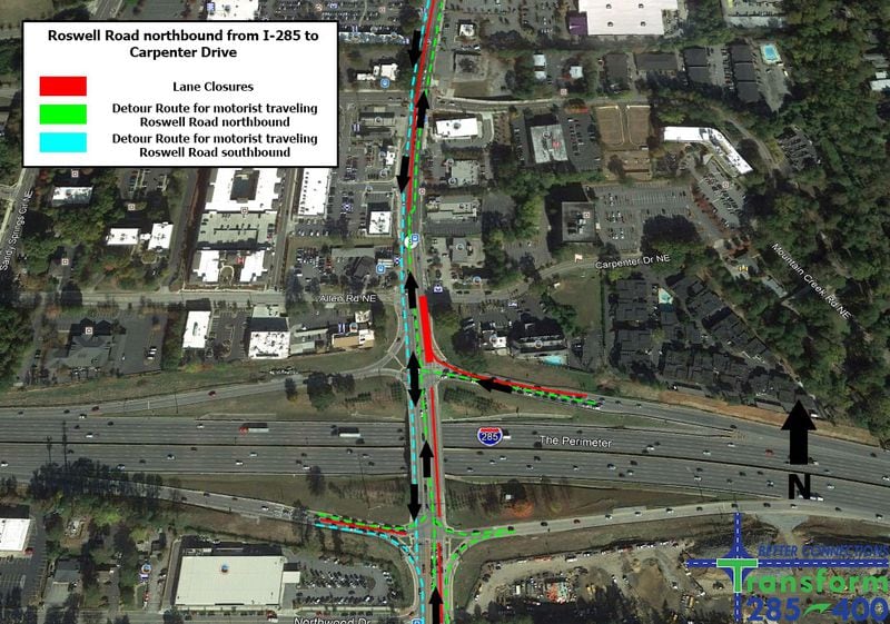 This GDOT map shows the closures that end July 1, 2019, around Roswell Road and Interstate 285.