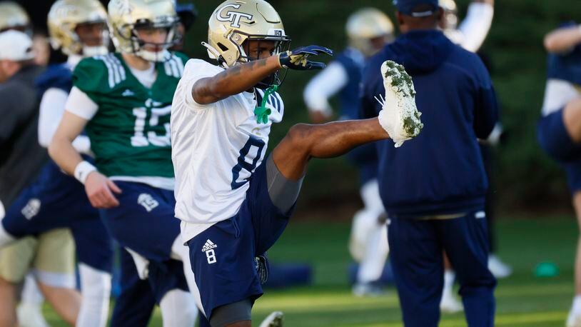 Georgia Tech wide receiver Malik Rutherford works out during a spring practice session. Of the 134 receptions made by Yellow Jackets receivers last season, 106 of them were made by players no longer on the roster. (Miguel Martinez /miguel.martinezjimenez@ajc.com)