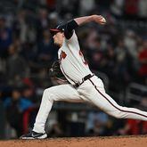 Atlanta Braves pitcher Max Fried throws a pitch against Miami Marlins in the ninth inning at Truist Park in Atlanta on Tuesday, April 23, 2024. Atlanta Braves pitcher Max Fried (54) has thrown a complete game to win over Miami Marlins. (Hyosub Shin / AJC)