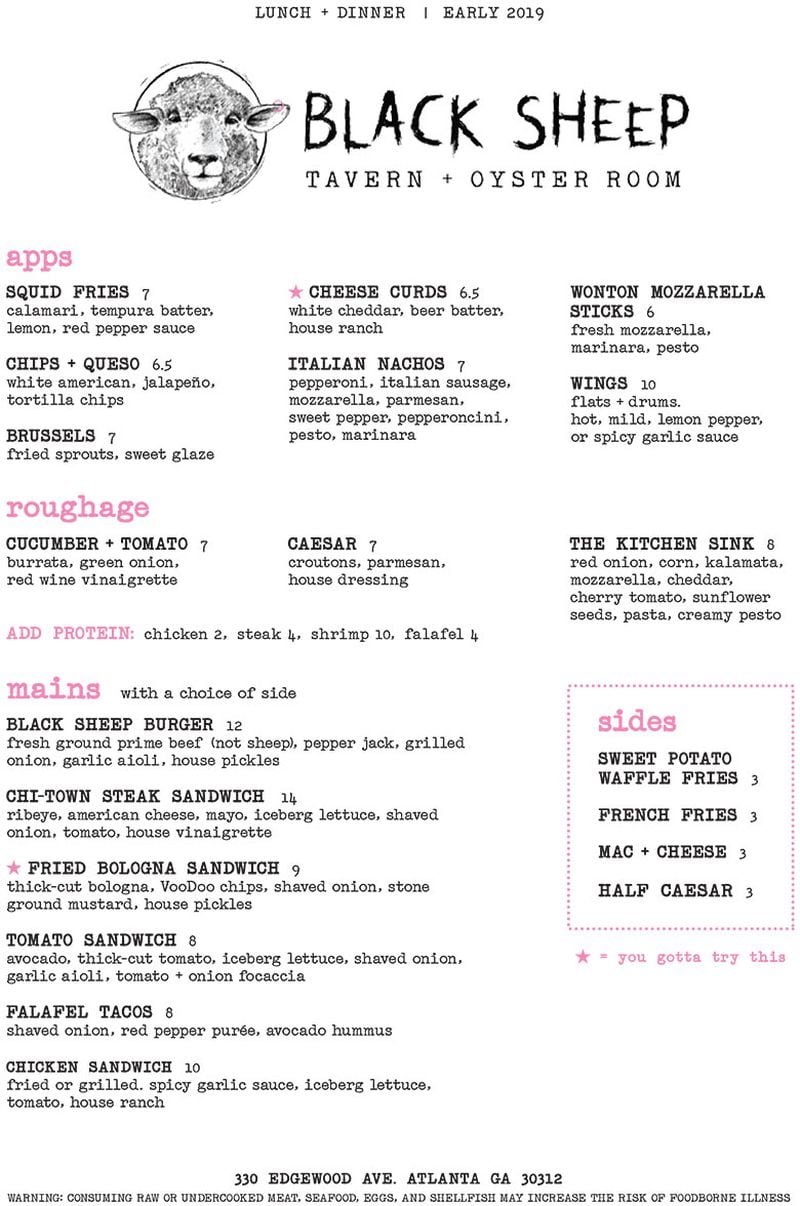The food menu for Black Sheep Tavern & Oyster Room