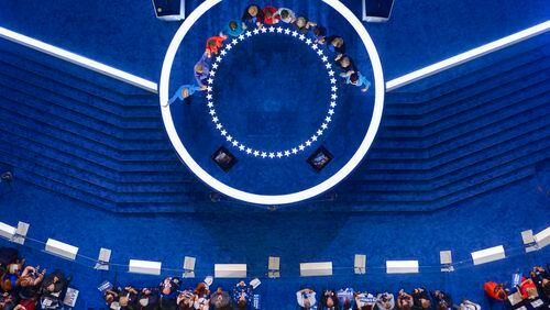 The Democratic women of the U.S. Senate stand on stage during the final day of the Democratic National Convention in Philadelphia , Thursday, July 28, 2016. (AP Photo/Mark J. Terrill)